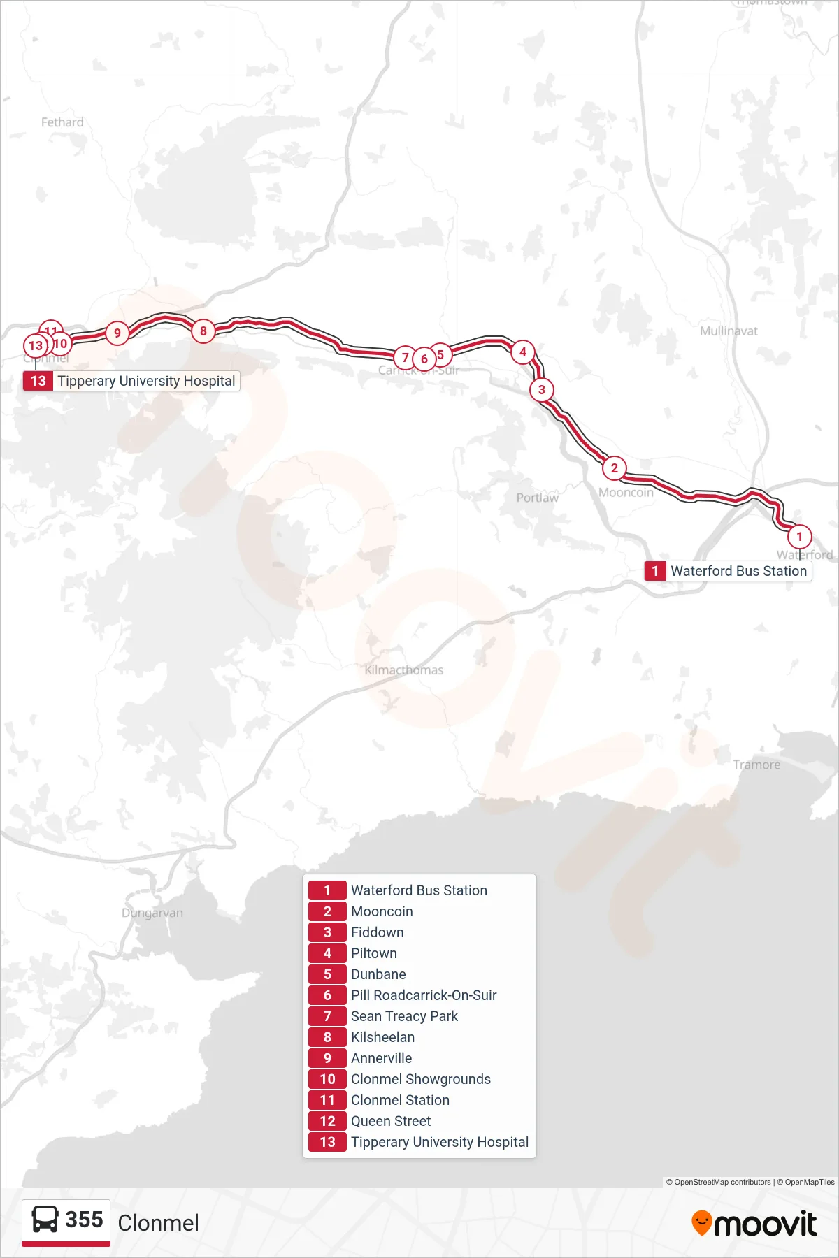 355 bus Line (Clonmel) route and stops on a map