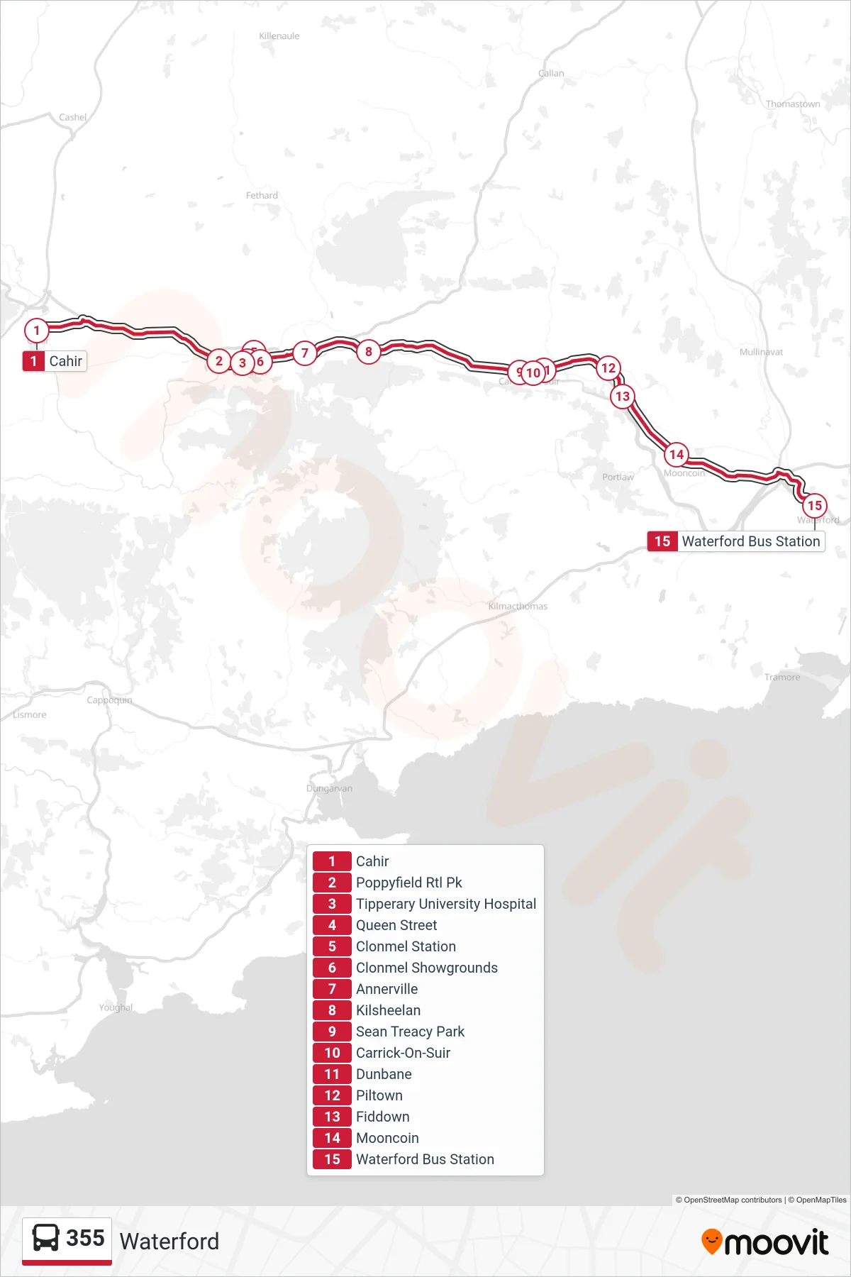 355 bus Line (Waterford) route and stops on a map