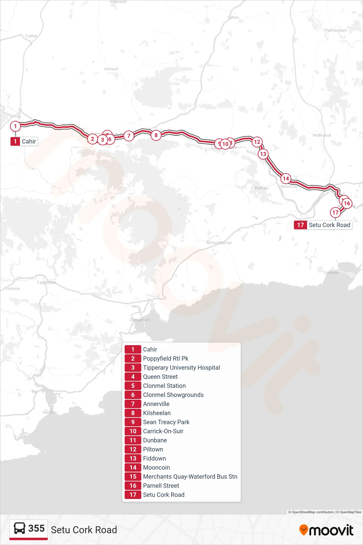 355 bus Line (Setu Cork Road) route and stops on a map