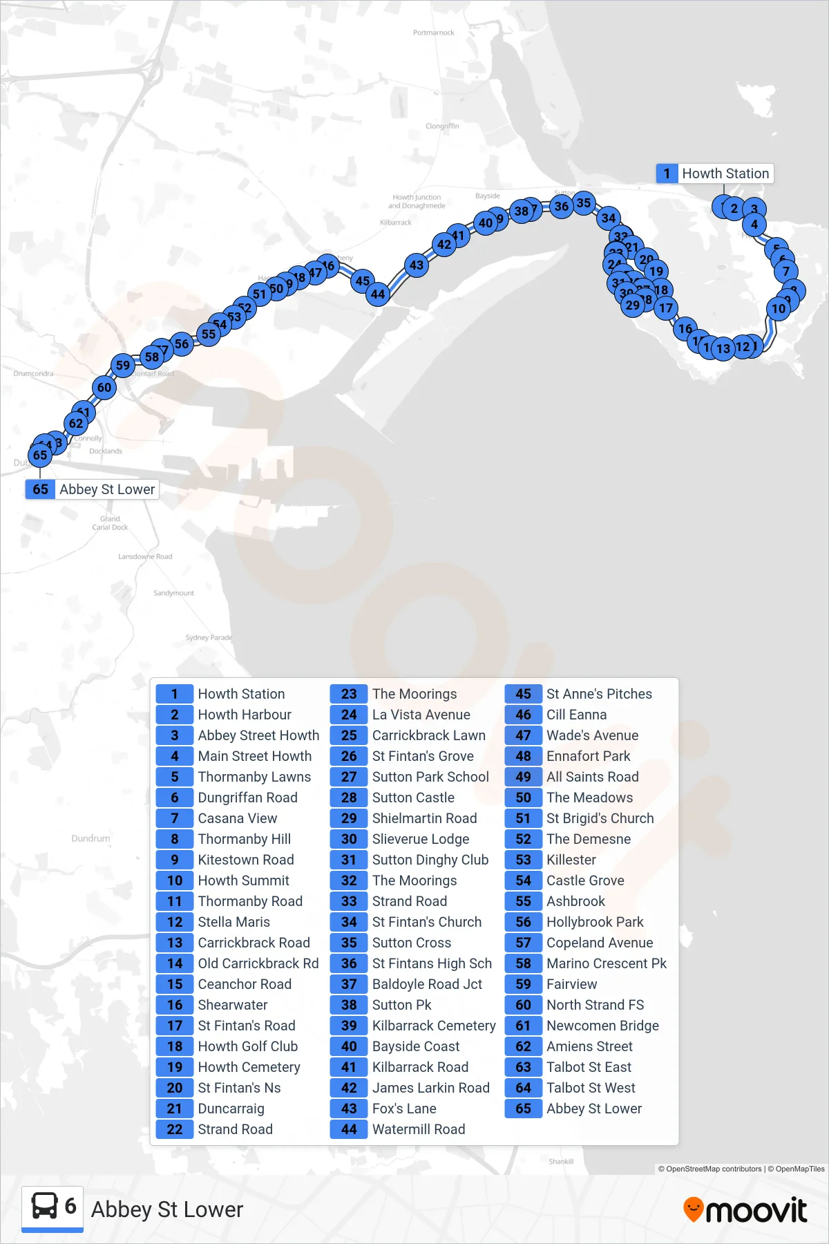 6 bus Line (Abbey St Lower) route and stops on a map