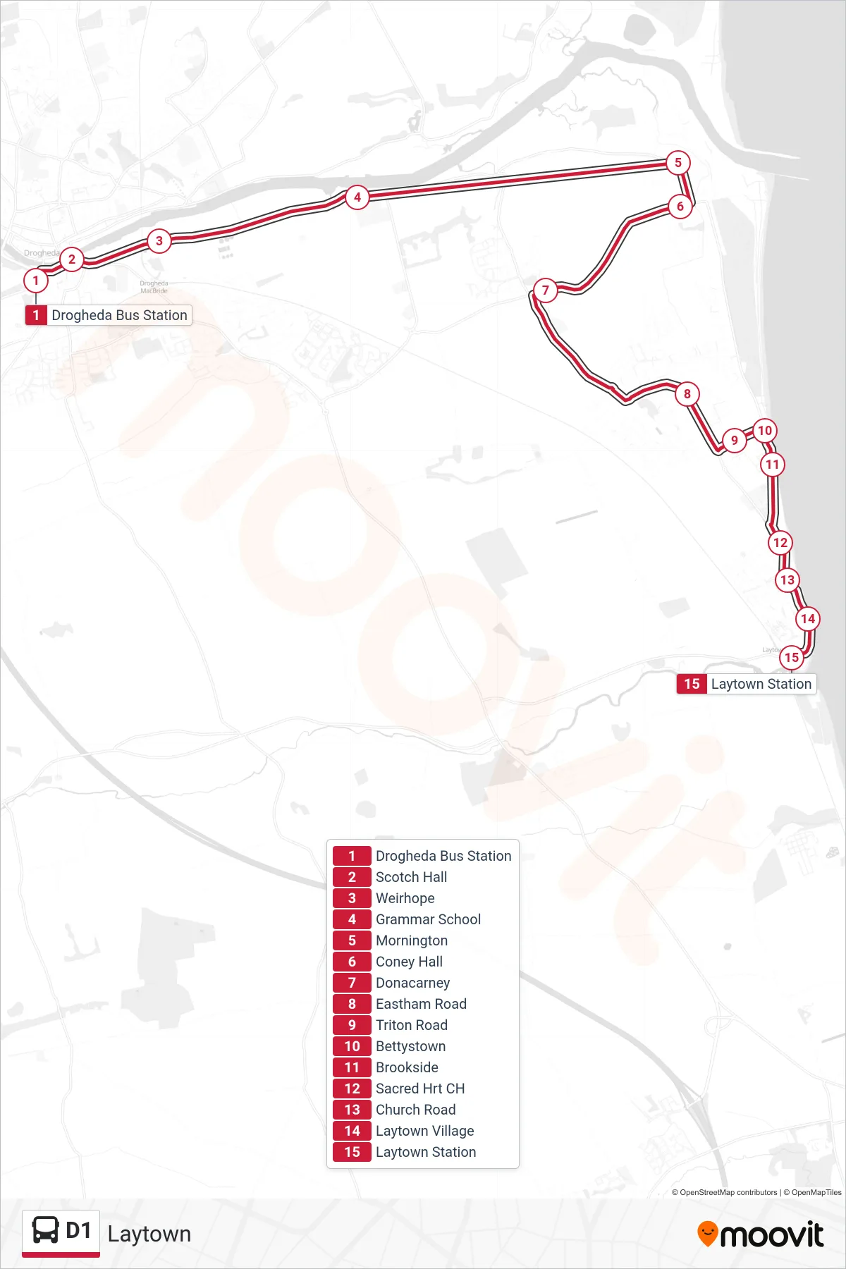 D1 bus Line (Laytown) route and stops on a map