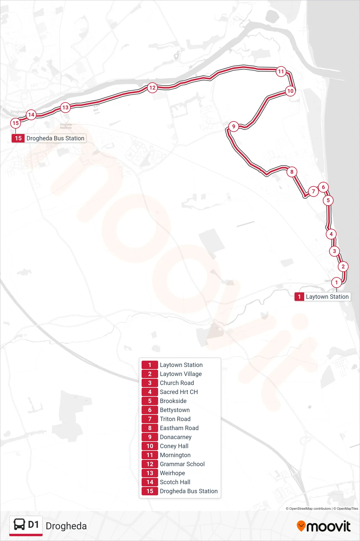 D1 bus Line (Drogheda) route and stops on a map