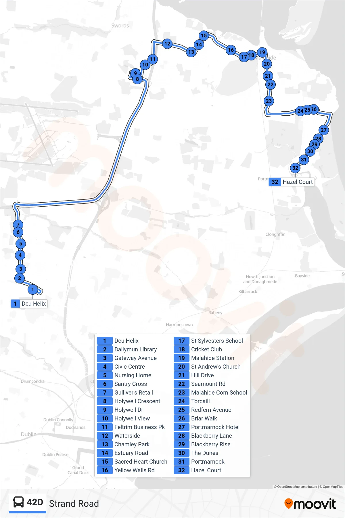 42D bus Line (Strand Road) route and stops on a map
