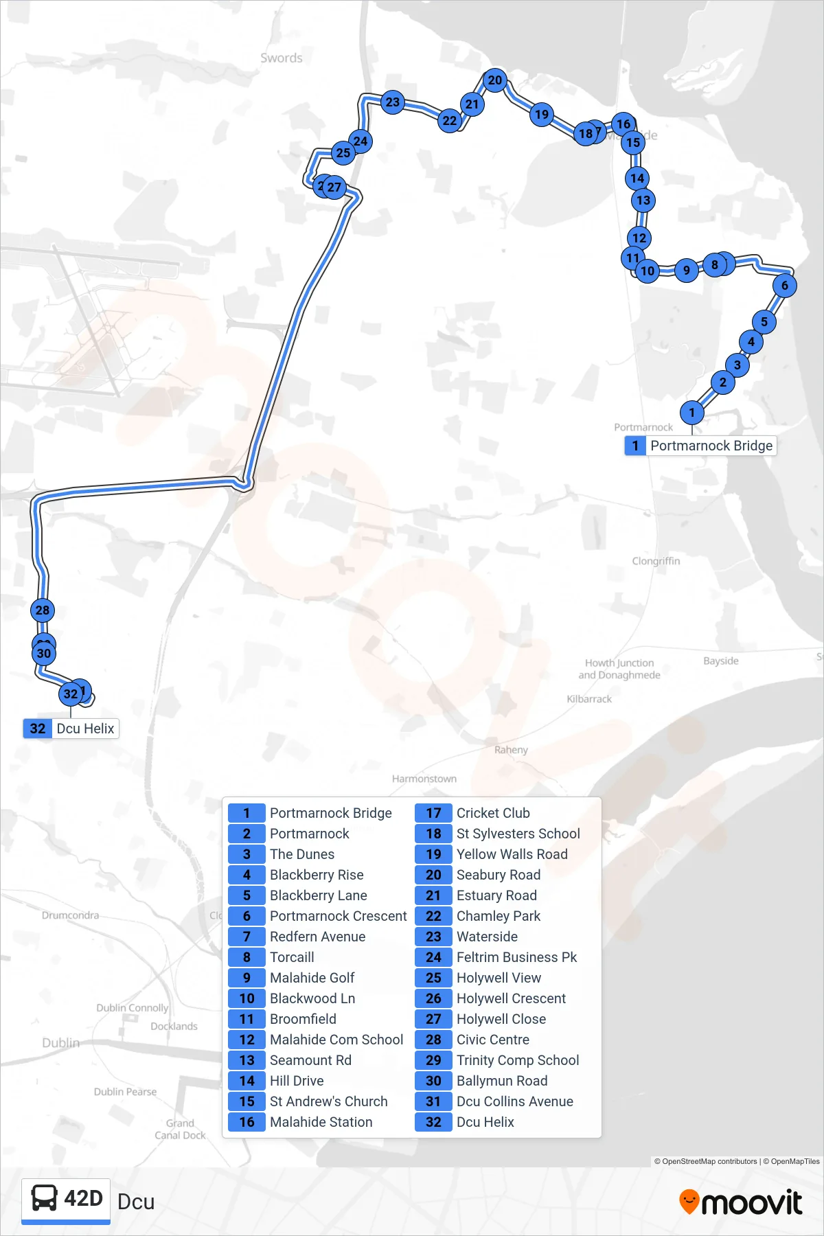 42D bus Line (Dcu) route and stops on a map