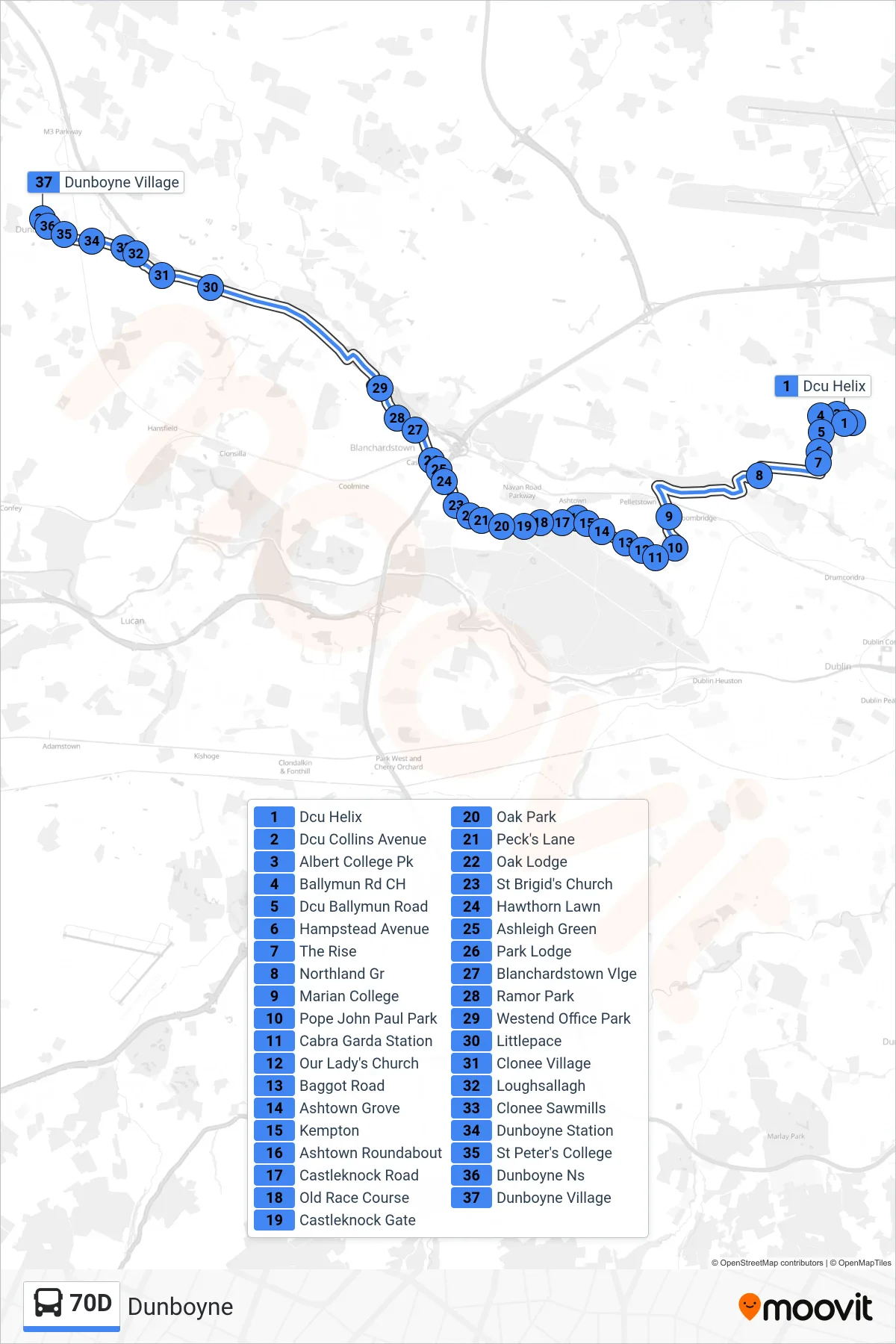 70D bus Line (Dunboyne) route and stops on a map