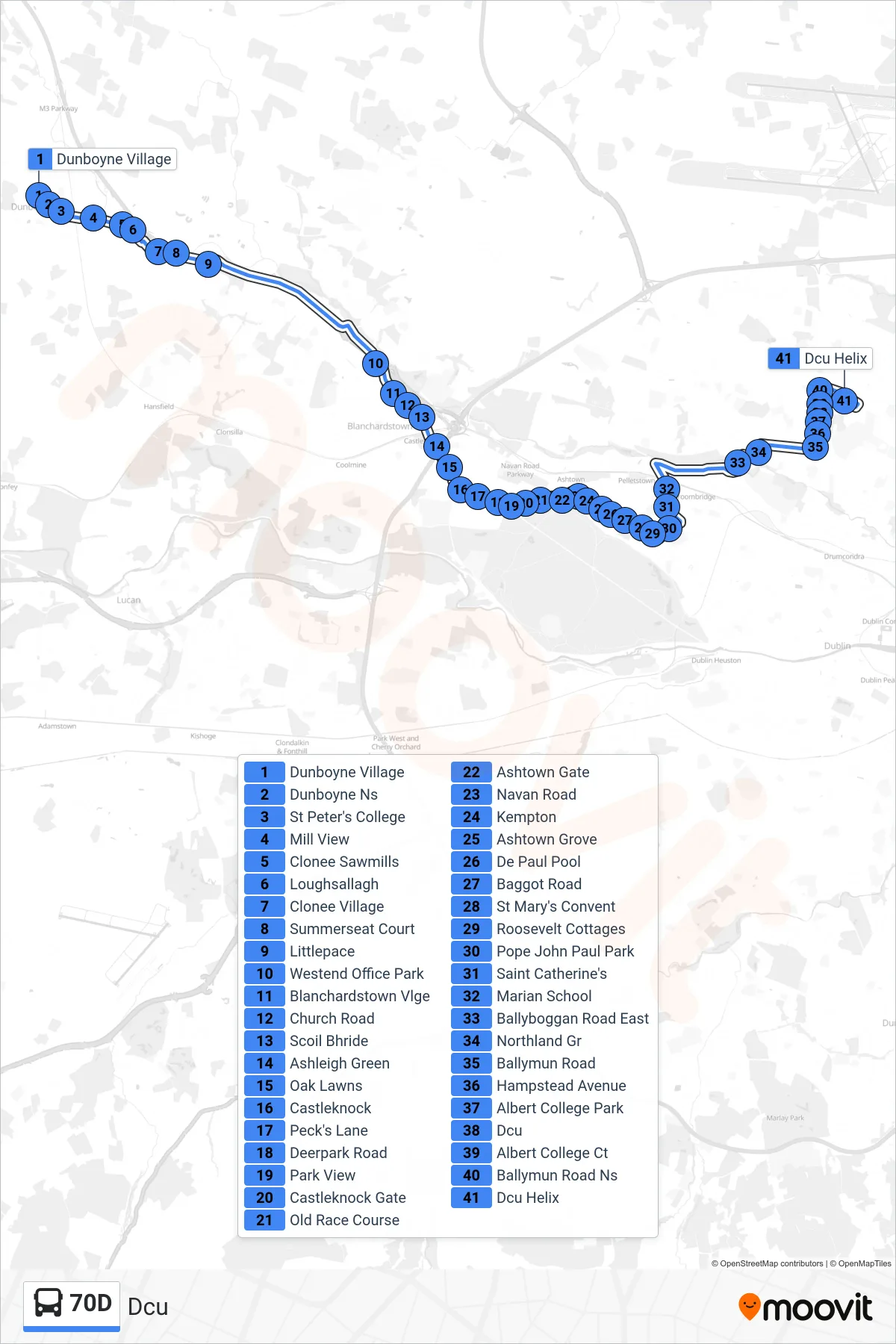 70D bus Line (Dcu) route and stops on a map