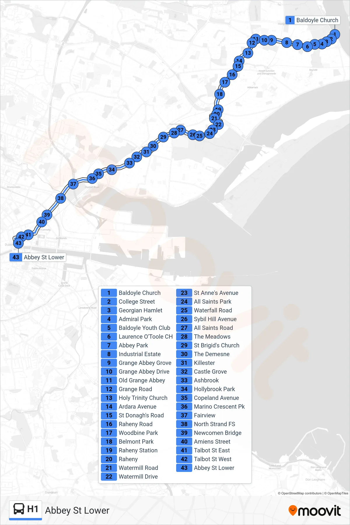 H1 bus Line (Abbey St Lower) route and stops on a map