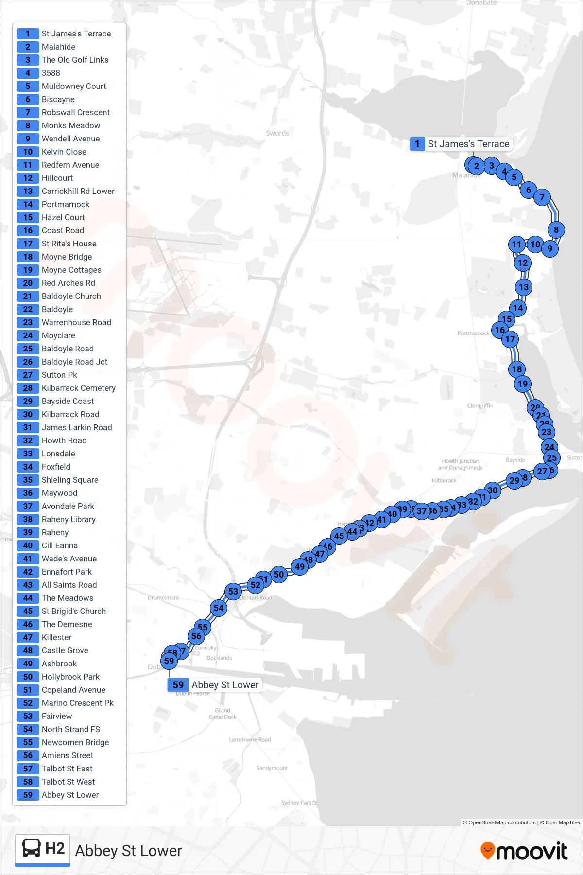 H2 bus Line (Abbey St Lower) route and stops on a map