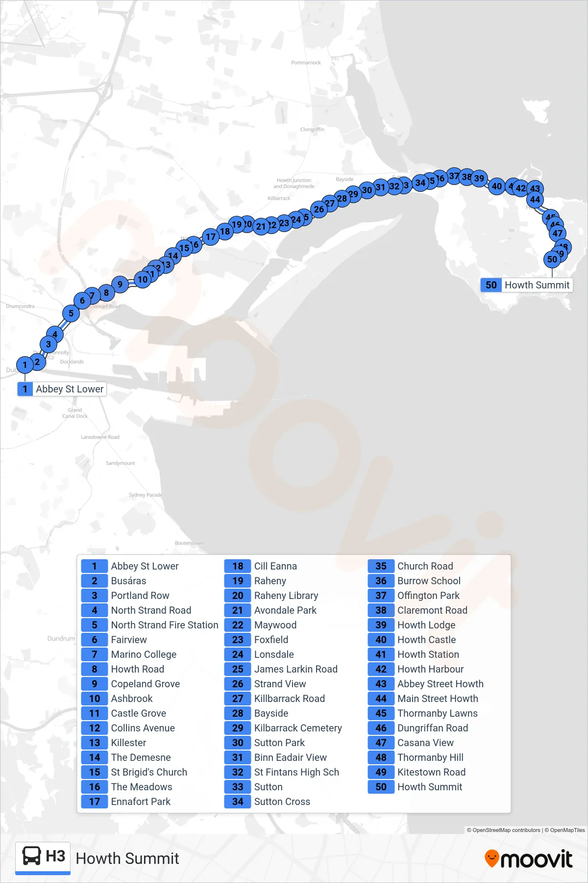 H3 bus Line (Howth Summit) route and stops on a map