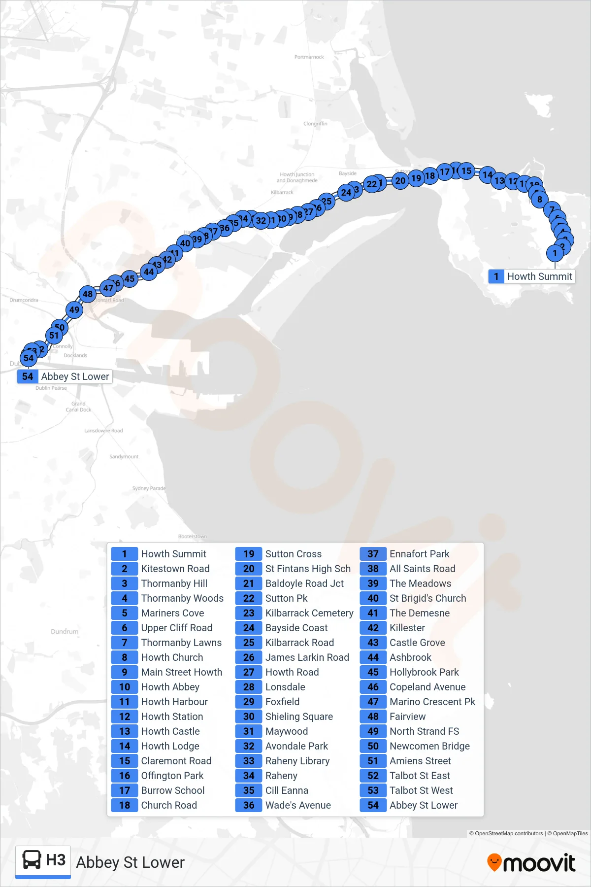 H3 bus Line (Abbey St Lower) route and stops on a map