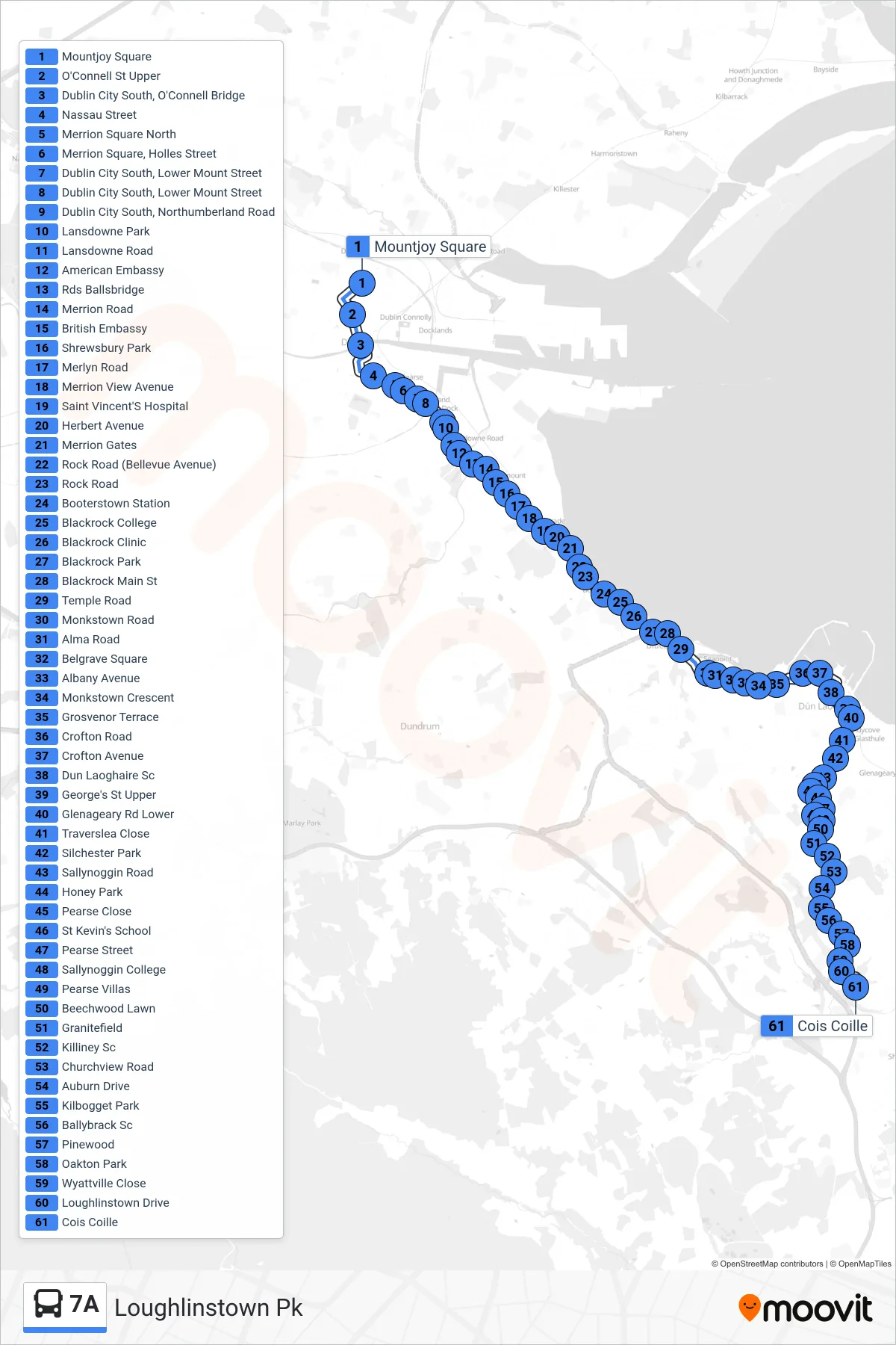 7A bus Line (Loughlinstown Pk) route and stops on a map