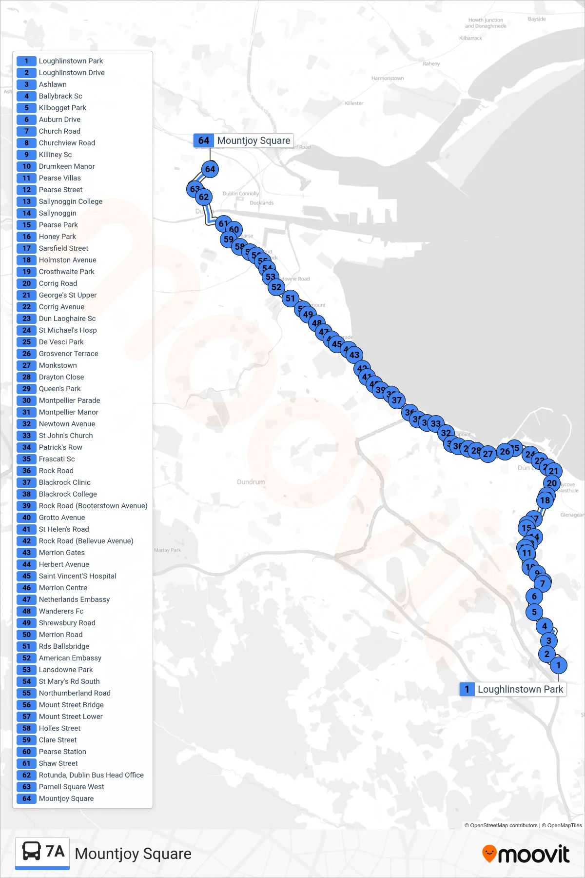 7A bus Line (Mountjoy Square) route and stops on a map