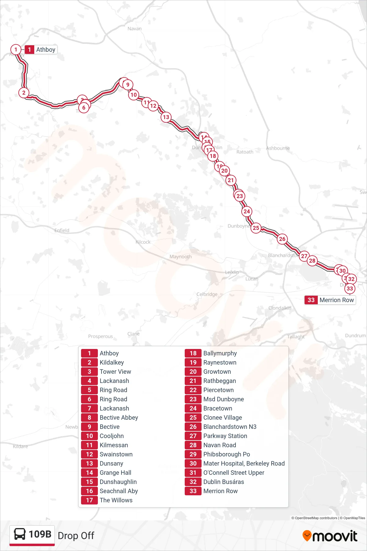 109B bus Line (Drop Off) route and stops on a map
