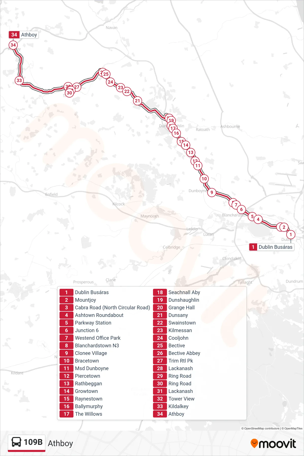 109B bus Line (Athboy) route and stops on a map