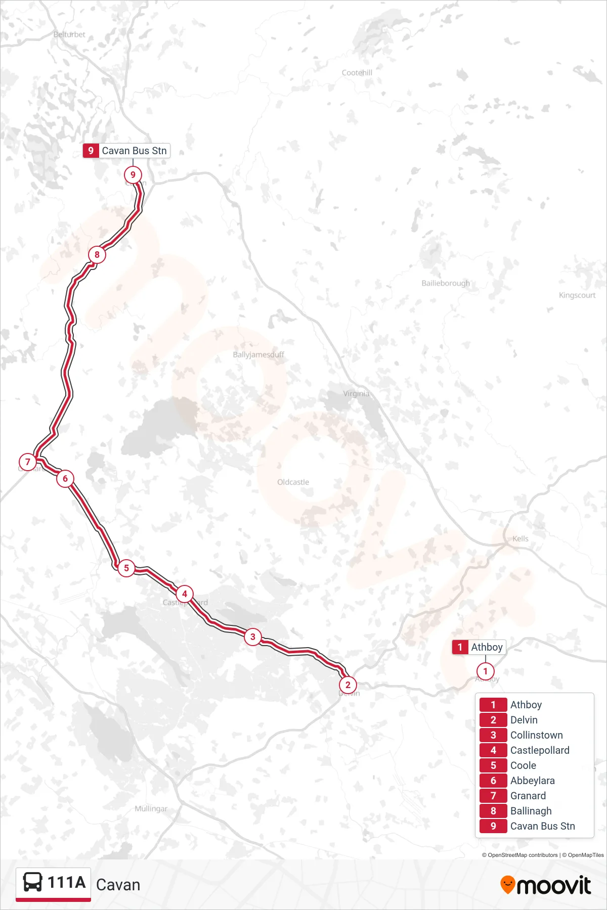 111A bus Line (Cavan) route and stops on a map
