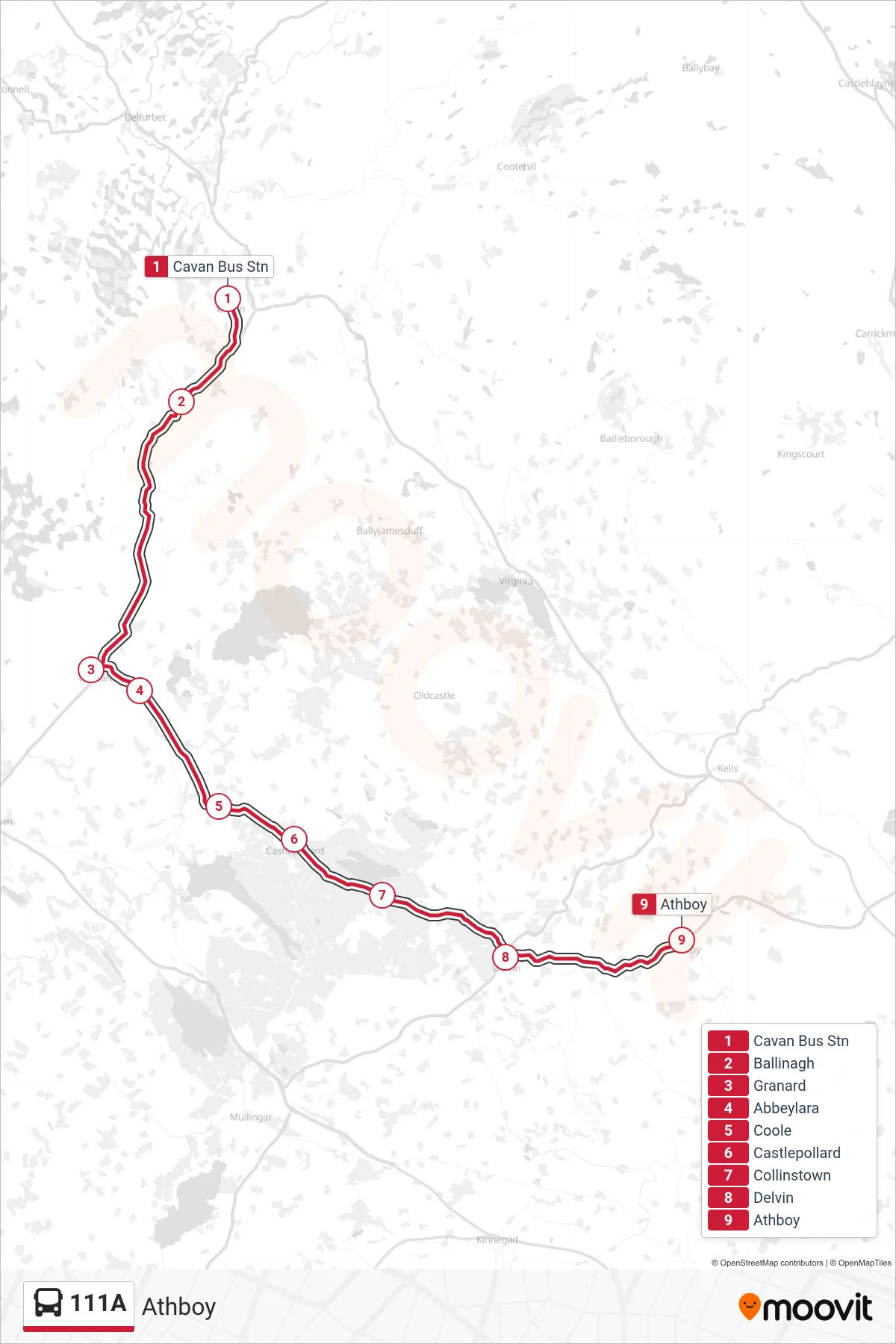 111A bus Line (Athboy) route and stops on a map