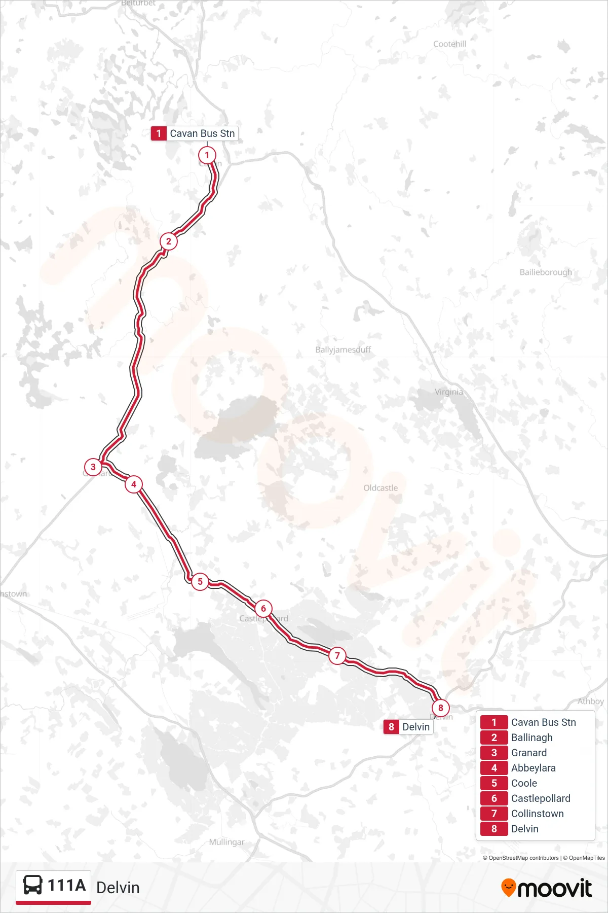 111A bus Line (Delvin) route and stops on a map