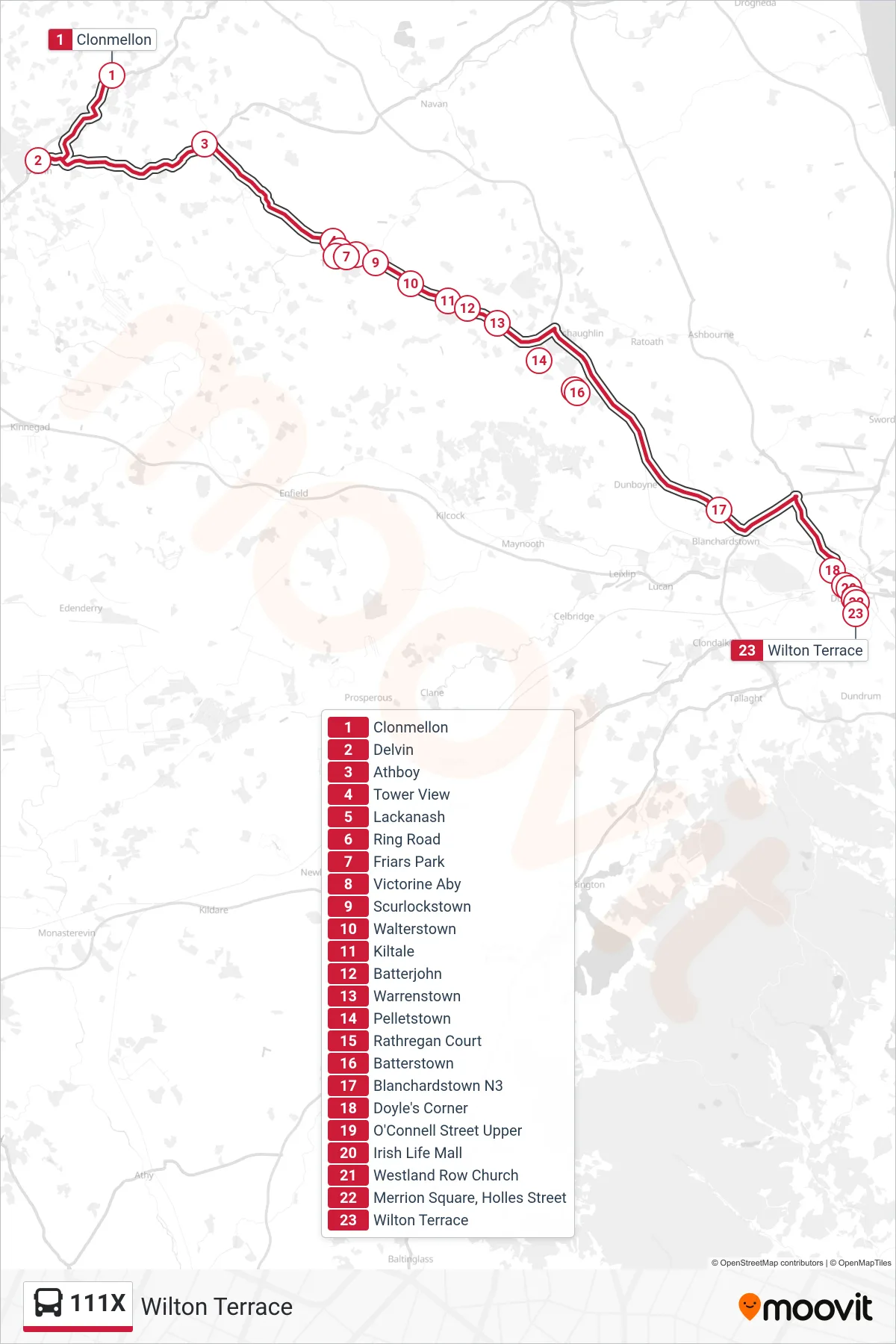 111X bus Line (Wilton Terrace) route and stops on a map
