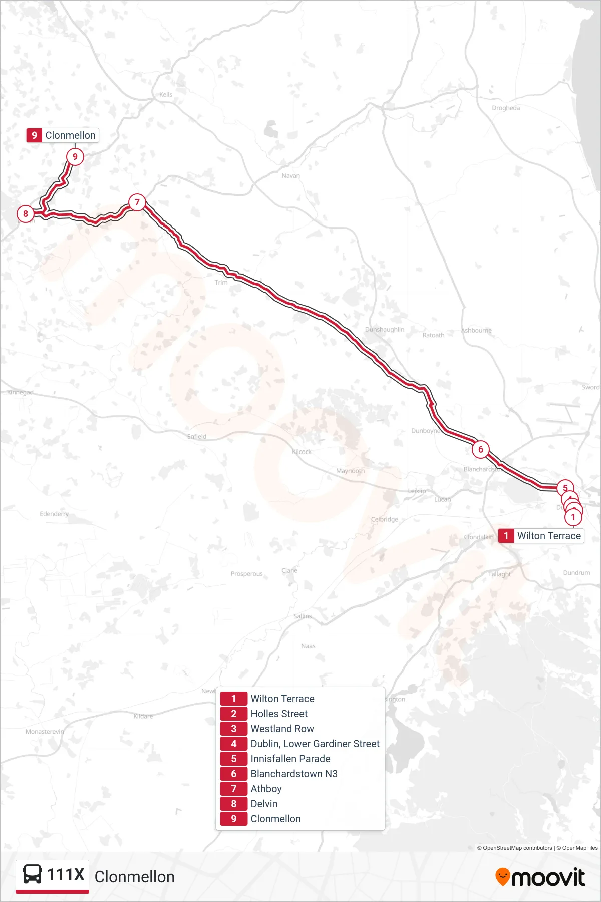 111X bus Line (Clonmellon) route and stops on a map