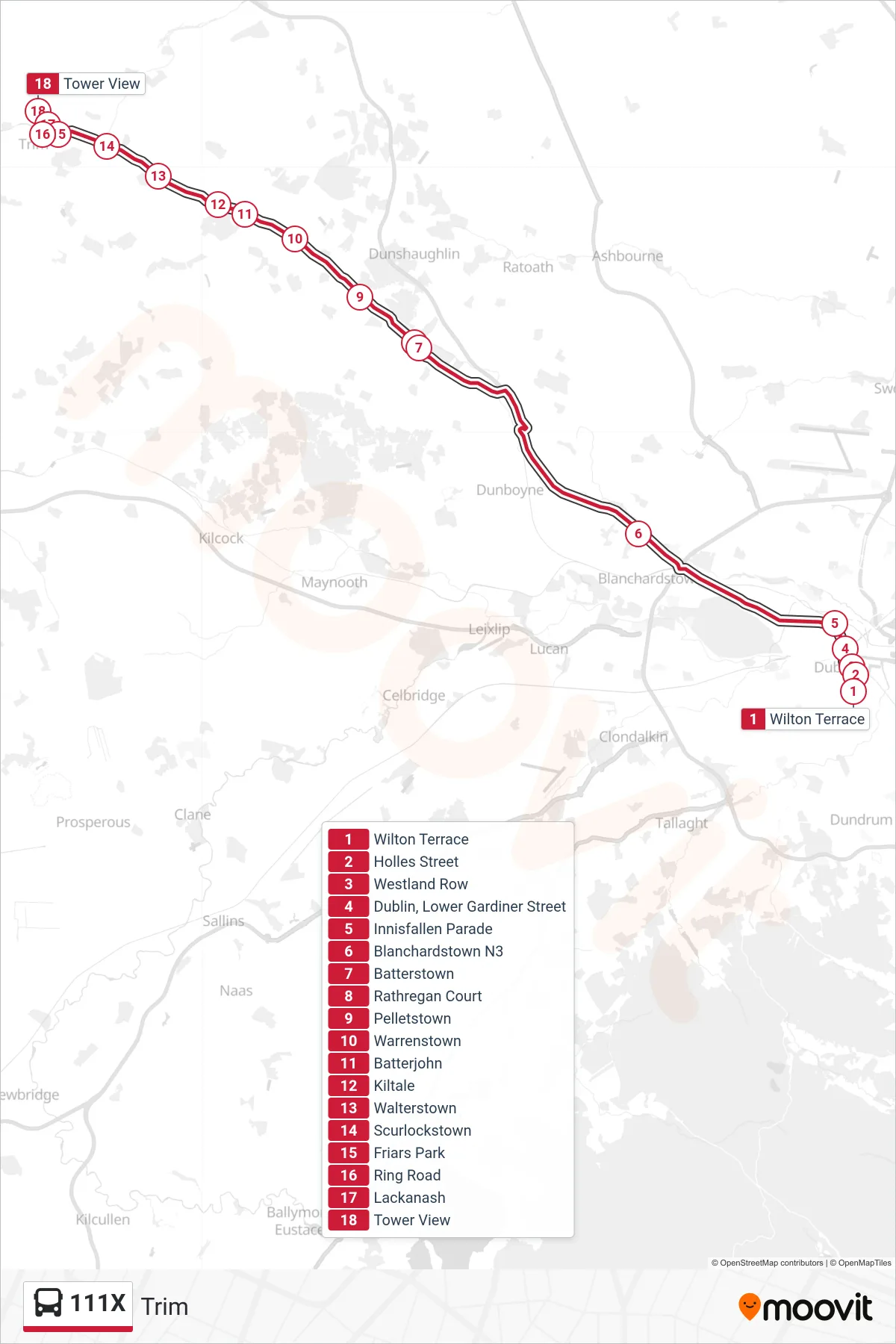 111X bus Line (Trim) route and stops on a map