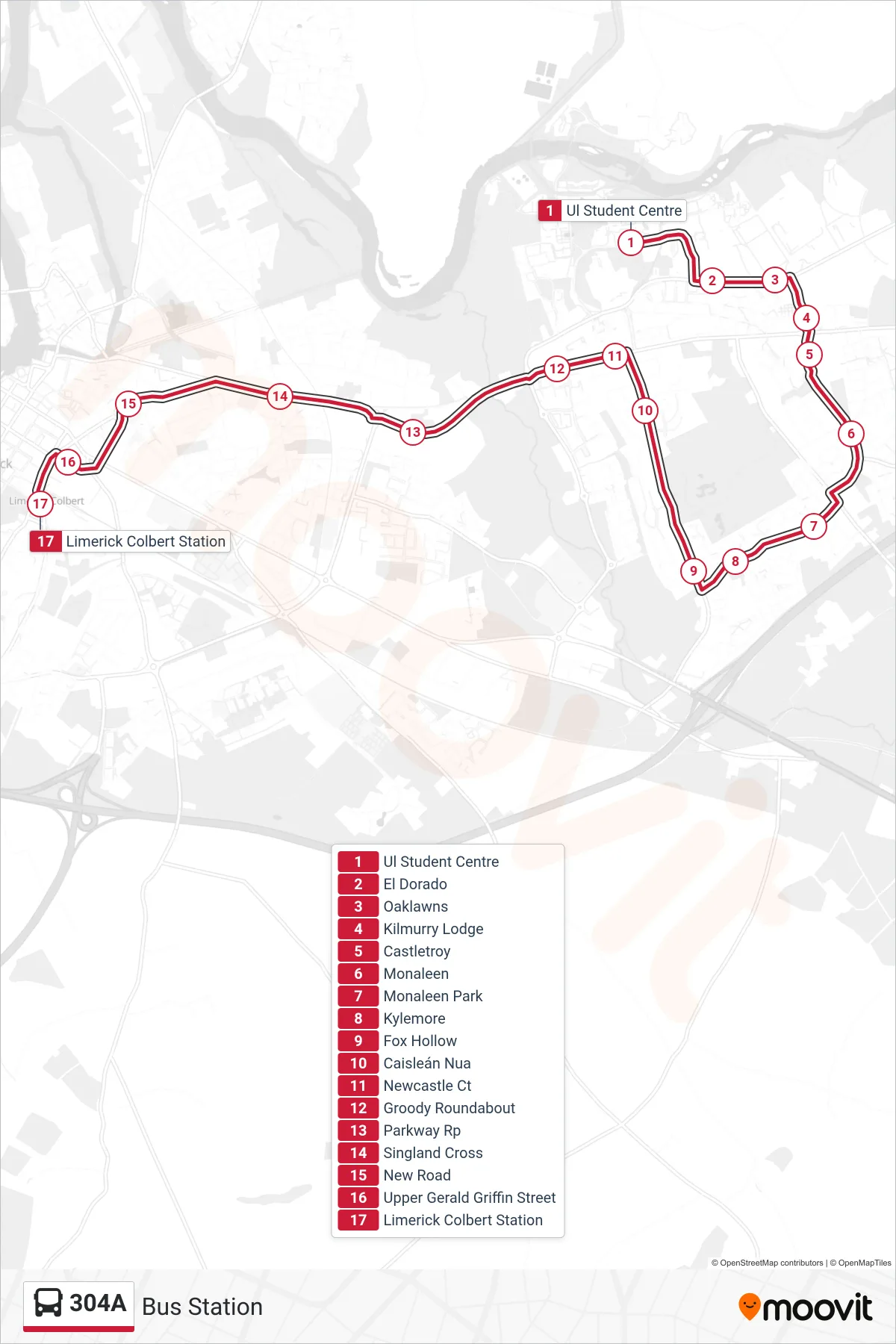 304A bus Line (Bus Station) route and stops on a map