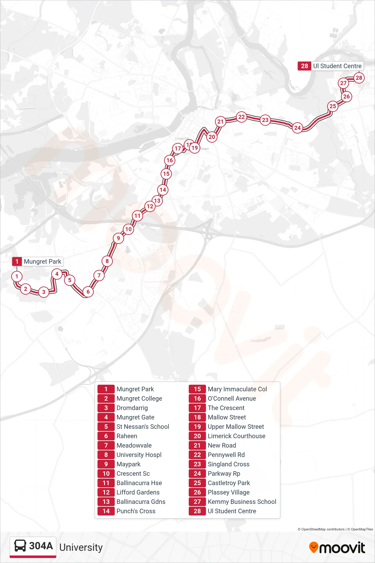 304A bus Line (University) route and stops on a map