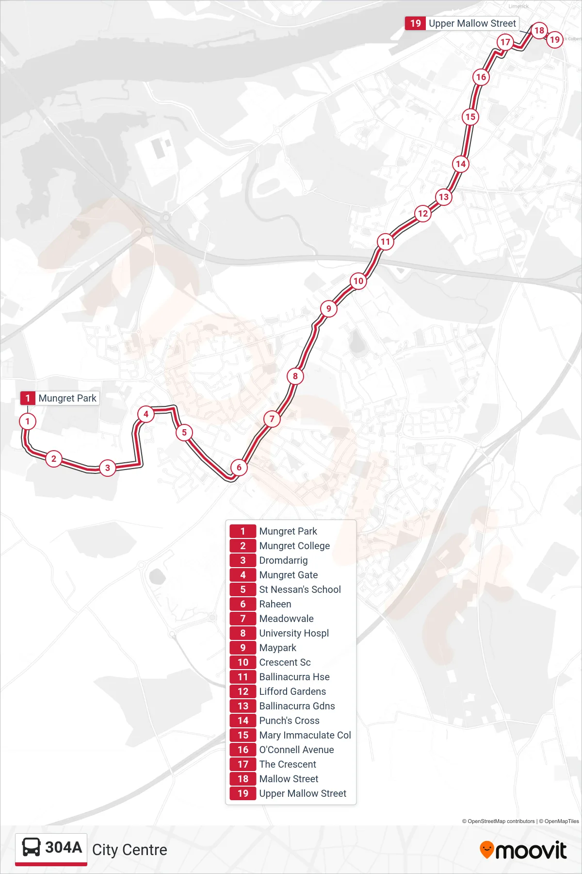 304A bus Line (City Centre) route and stops on a map