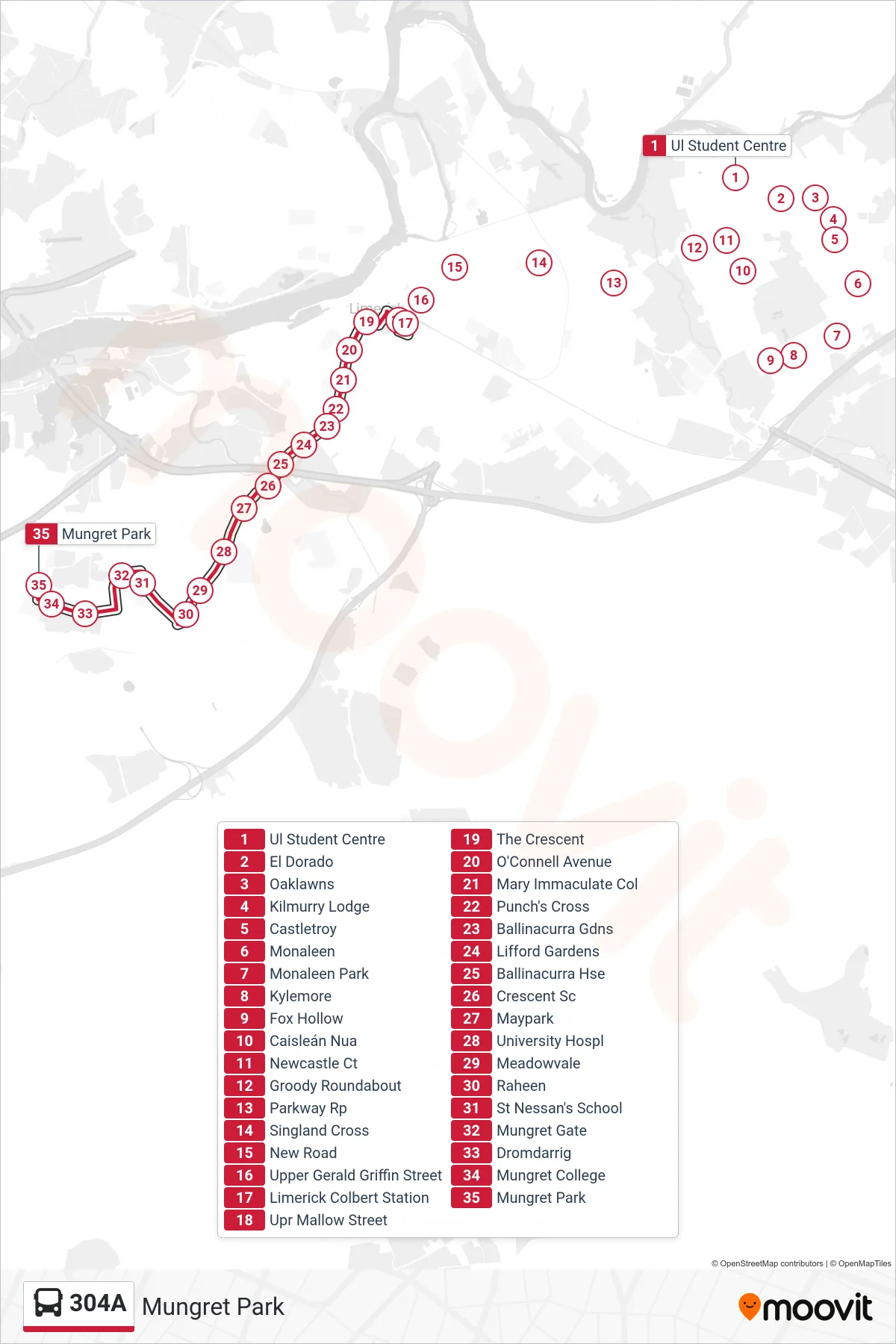 304A bus Line (Mungret Park) route and stops on a map