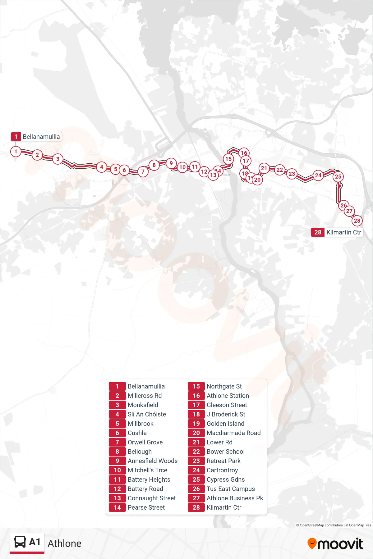 A1 bus Line (Athlone) route and stops on a map