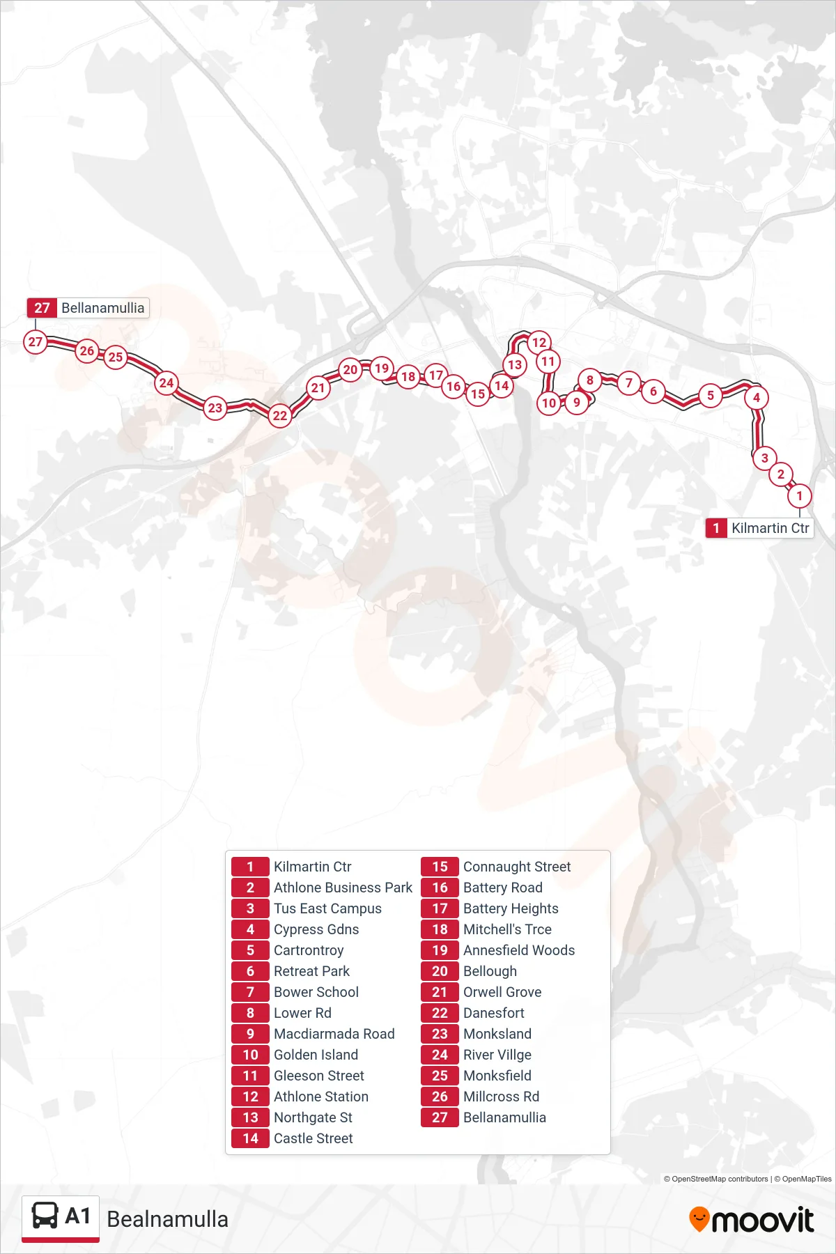 A1 bus Line (Bealnamulla) route and stops on a map
