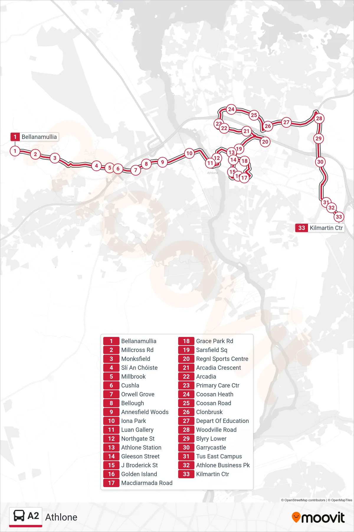 A2 bus Line (Athlone) route and stops on a map