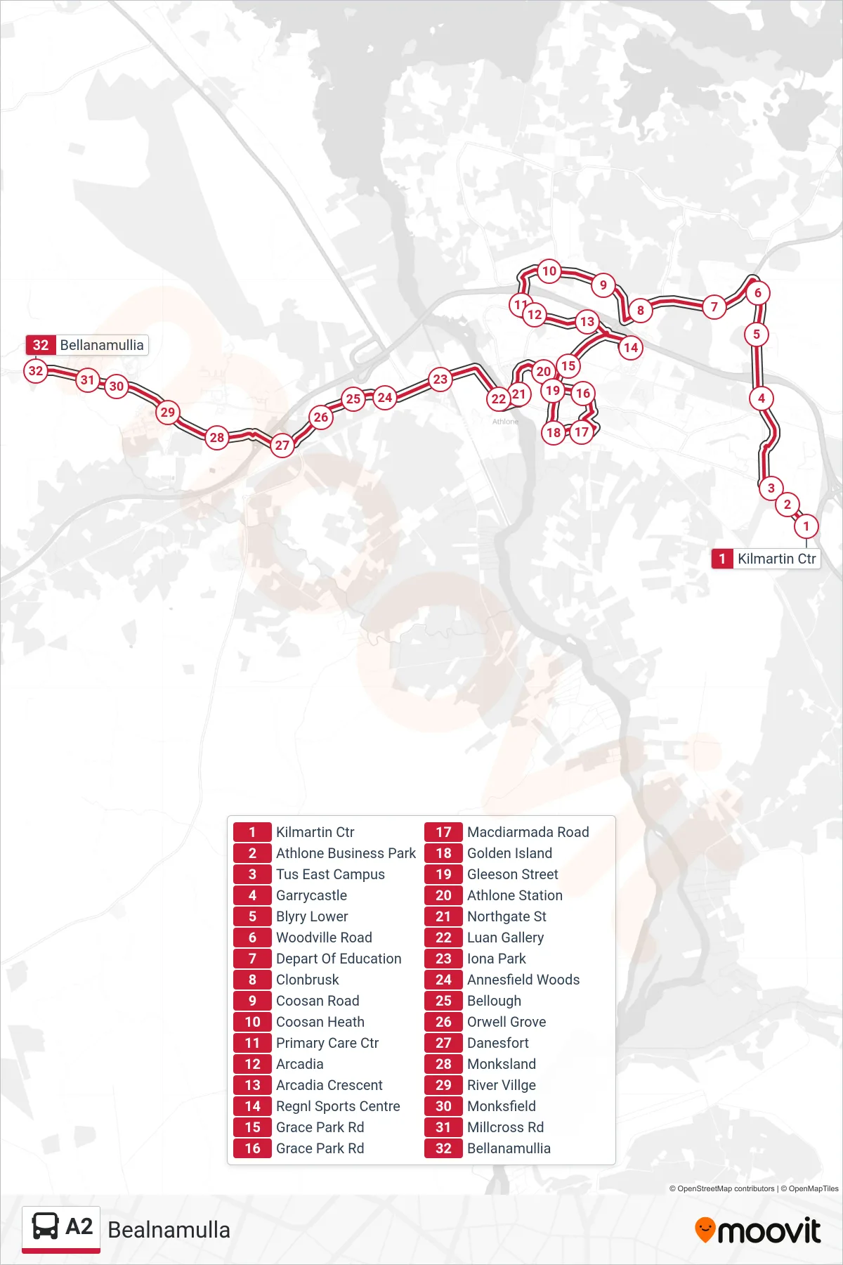 A2 bus Line (Bealnamulla) route and stops on a map