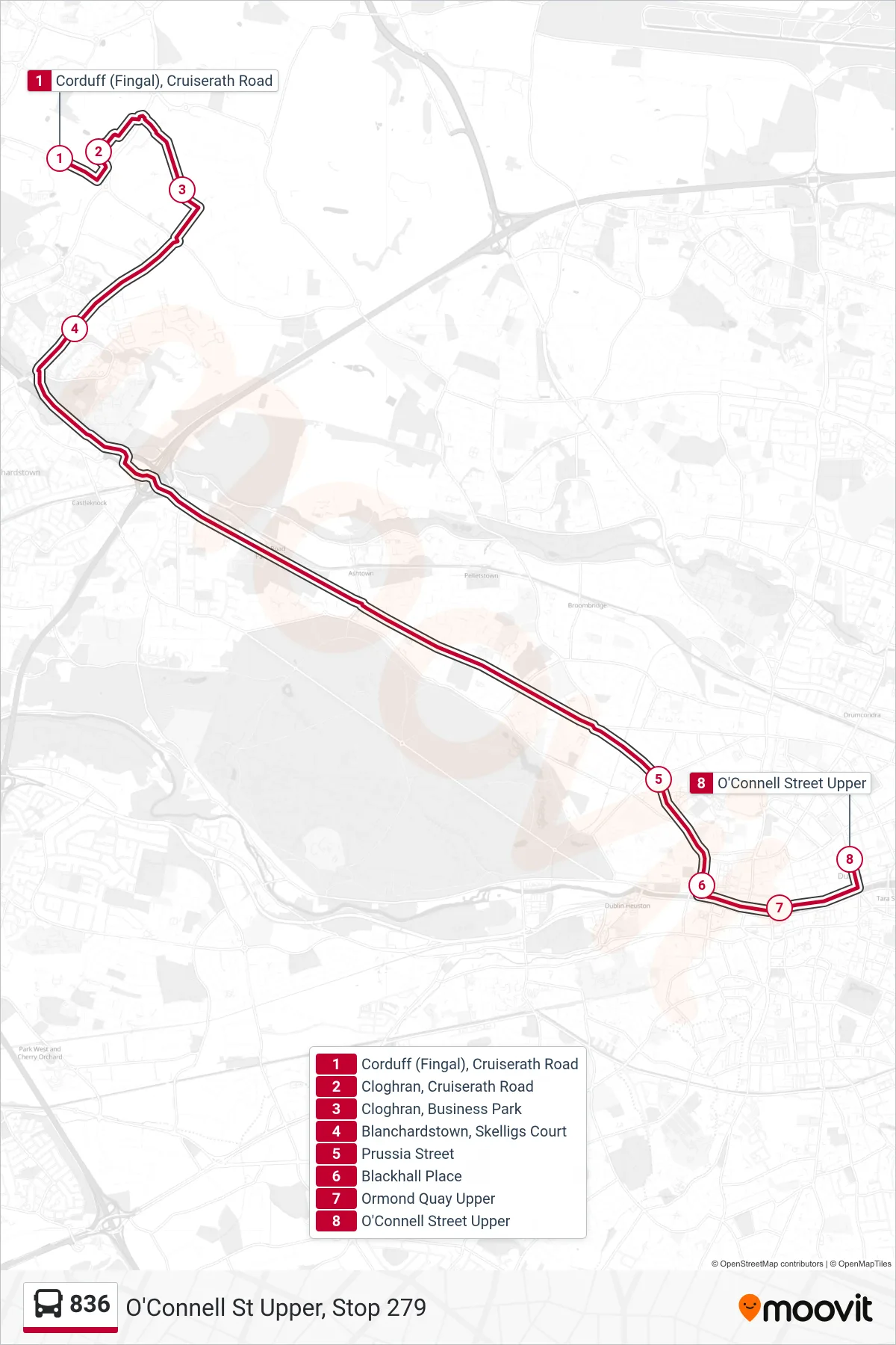 836 bus Line (O'Connell St Upper, Stop 279) route and stops on a map