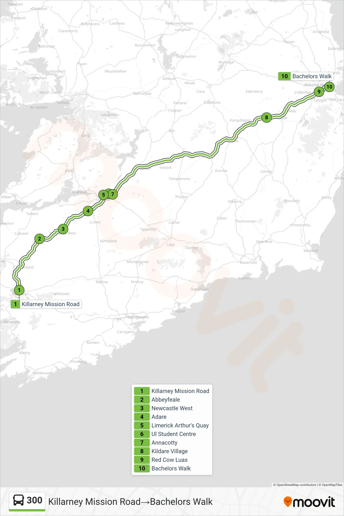 300 bus Line (Killarney Mission Road‎→Bachelors Walk) route and stops on a map