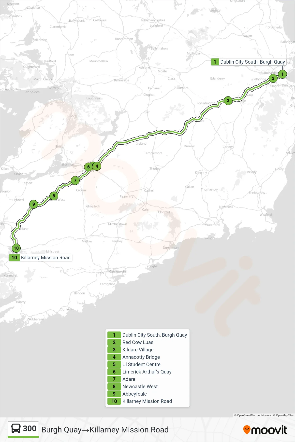 300 bus Line (Burgh Quay‎→Killarney Mission Road) route and stops on a map
