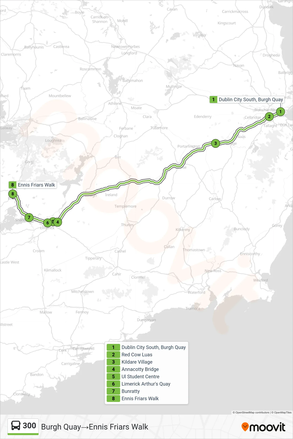 300 bus Line (Burgh Quay→Ennis Friars Walk) route and stops on a map