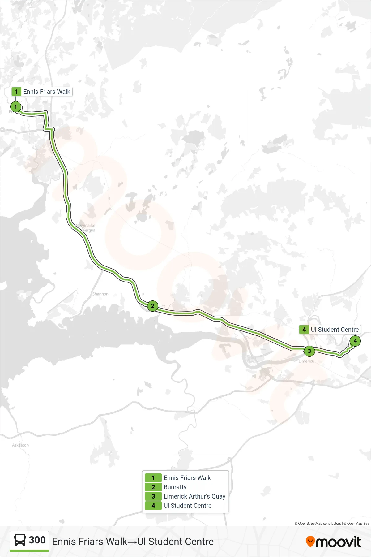 300 bus Line (Ennis Friars Walk→Ul Student Centre) route and stops on a map
