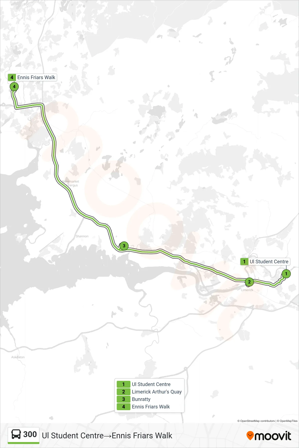 300 bus Line (Ul Student Centre→Ennis Friars Walk) route and stops on a map