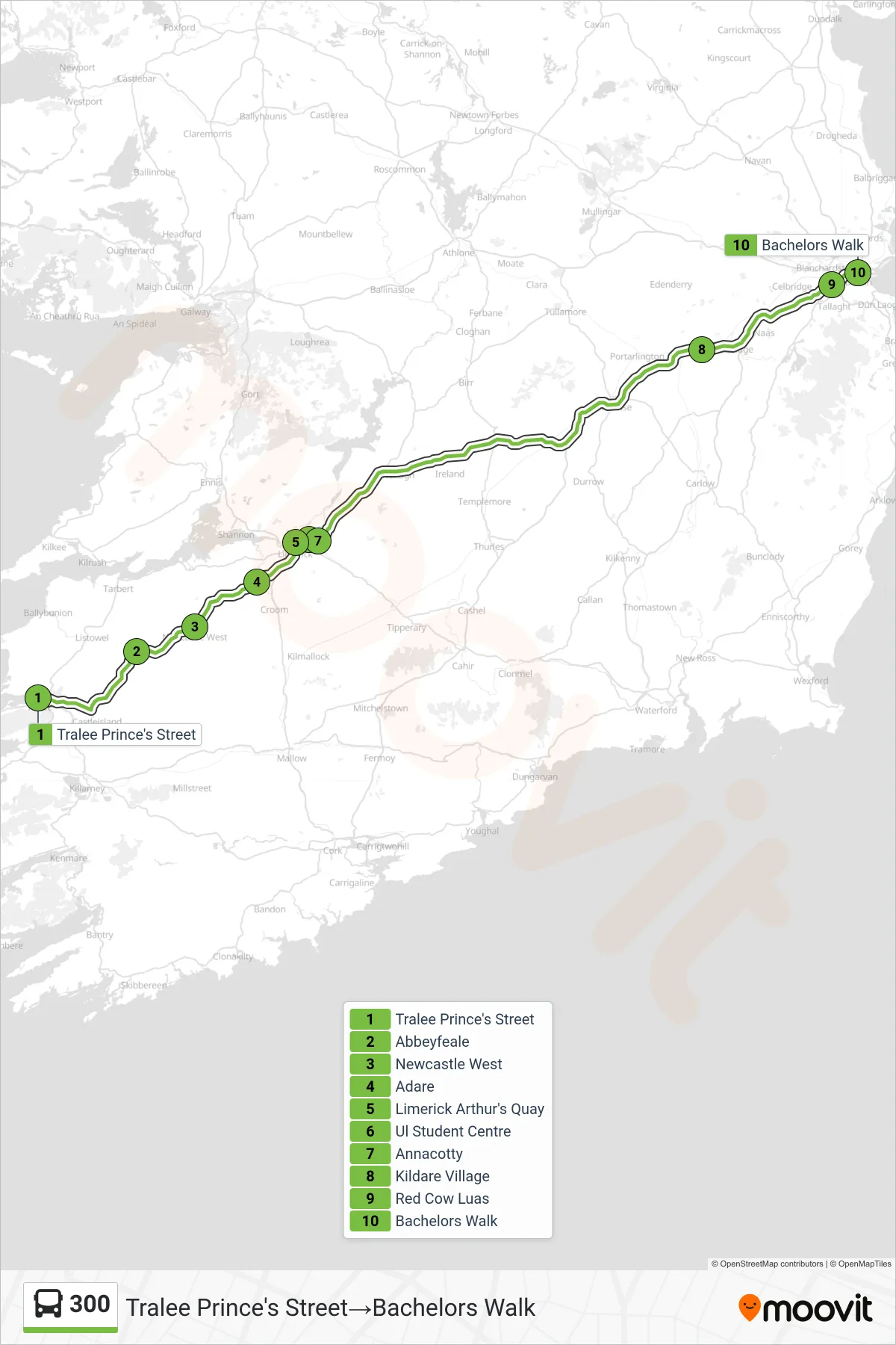 300 bus Line (Tralee Prince's Street‎→Bachelors Walk) route and stops on a map