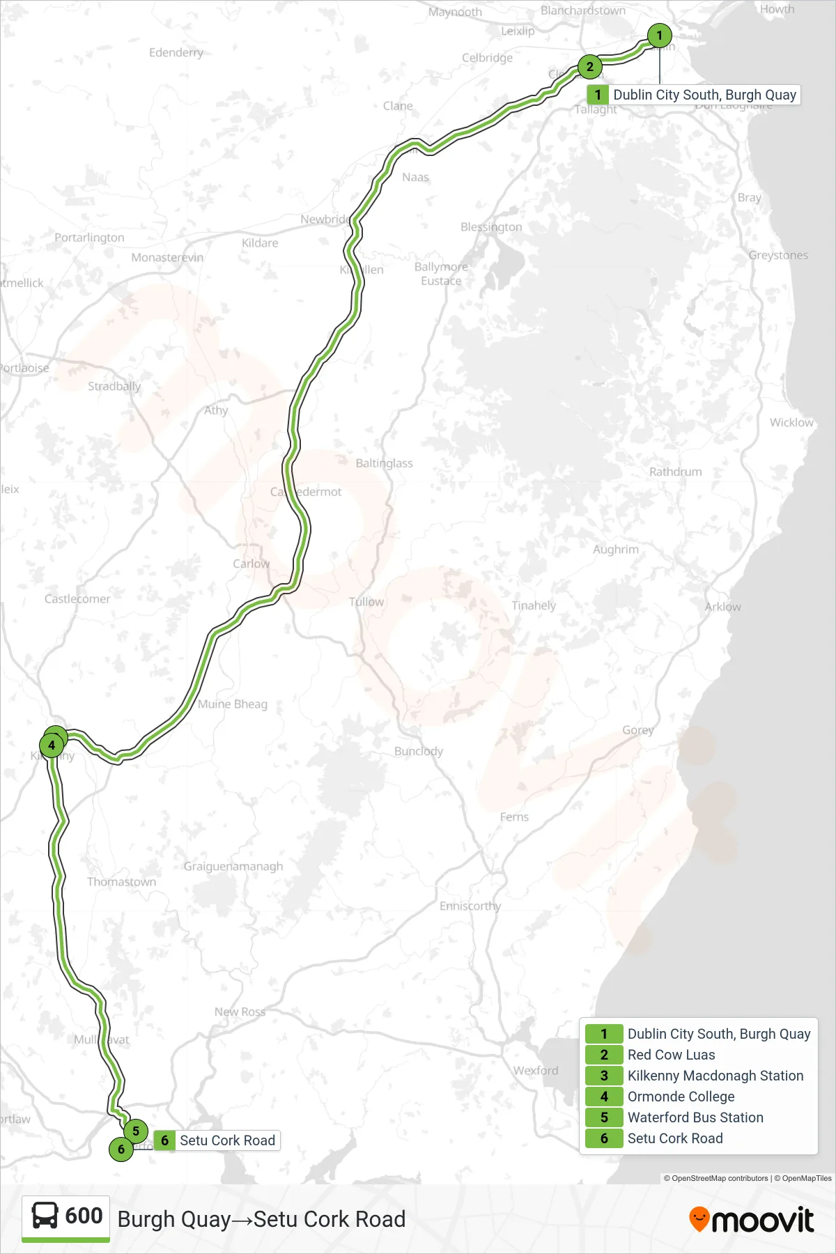 600 bus Line (Burgh Quay→Setu Cork Road) route and stops on a map