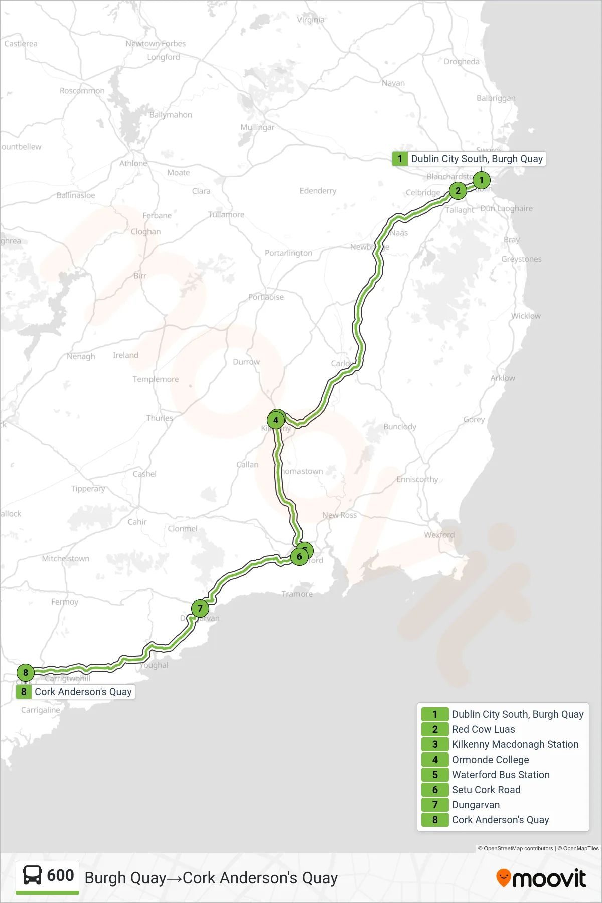 600 bus Line (Burgh Quay‎→Cork Anderson's Quay) route and stops on a map