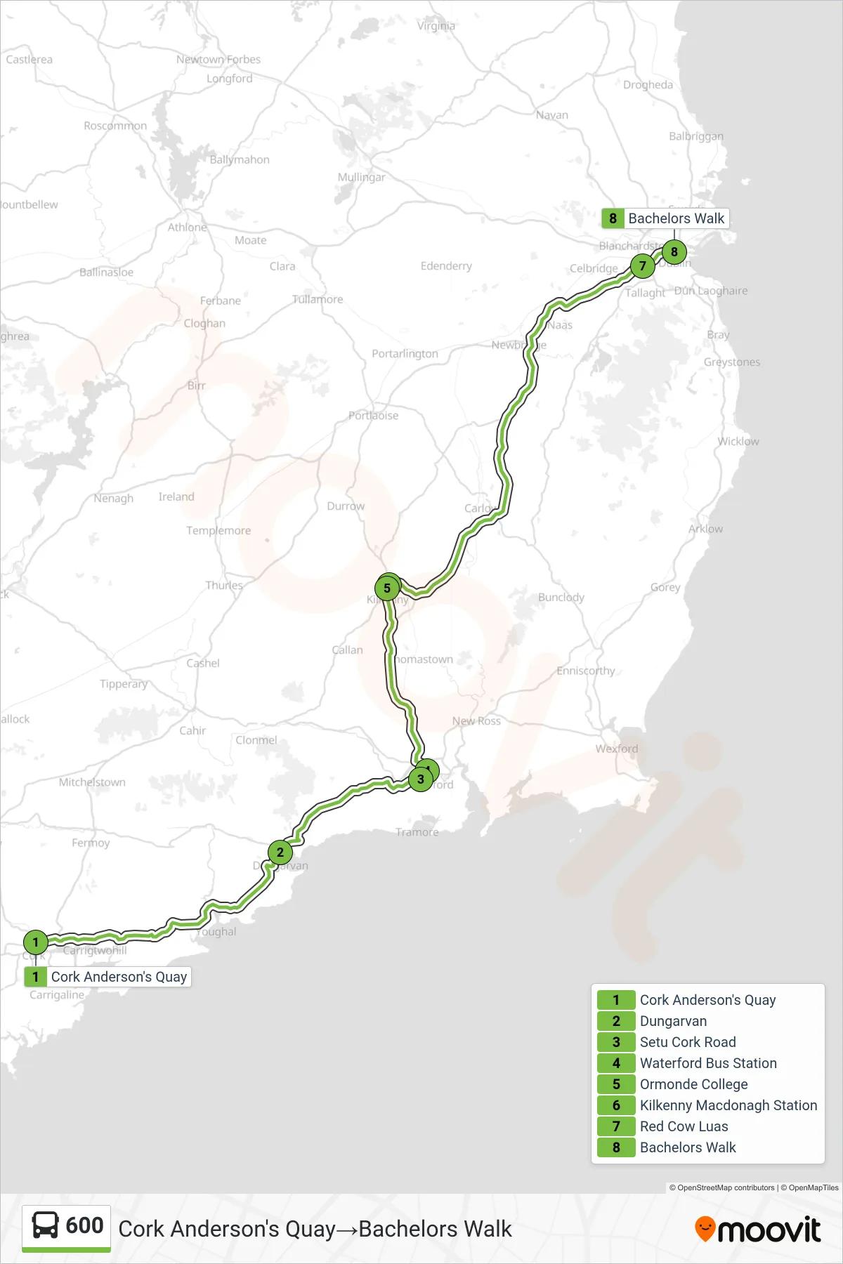 600 bus Line (Cork Anderson's Quay‎→Bachelors Walk) route and stops on a map