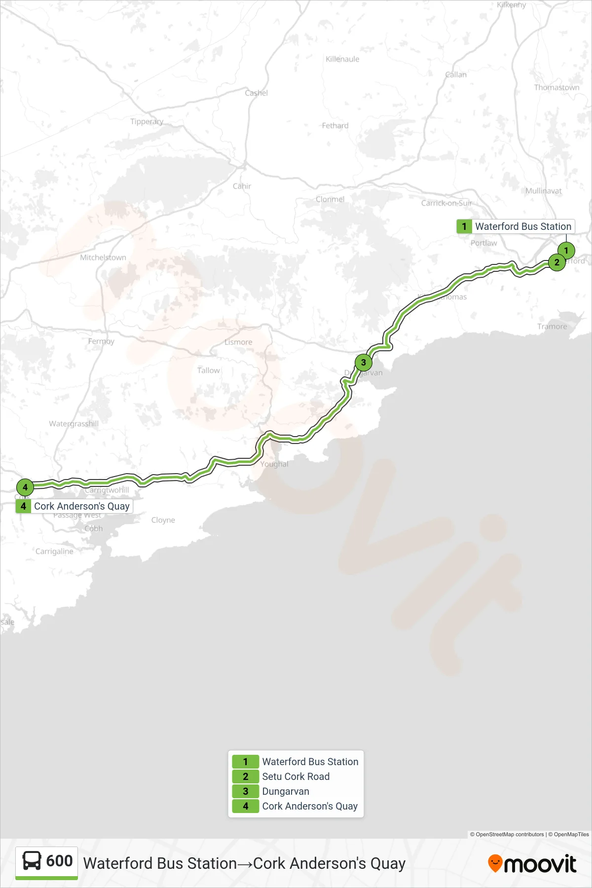 600 bus Line (Waterford Bus Station→Cork Anderson's Quay) route and stops on a map