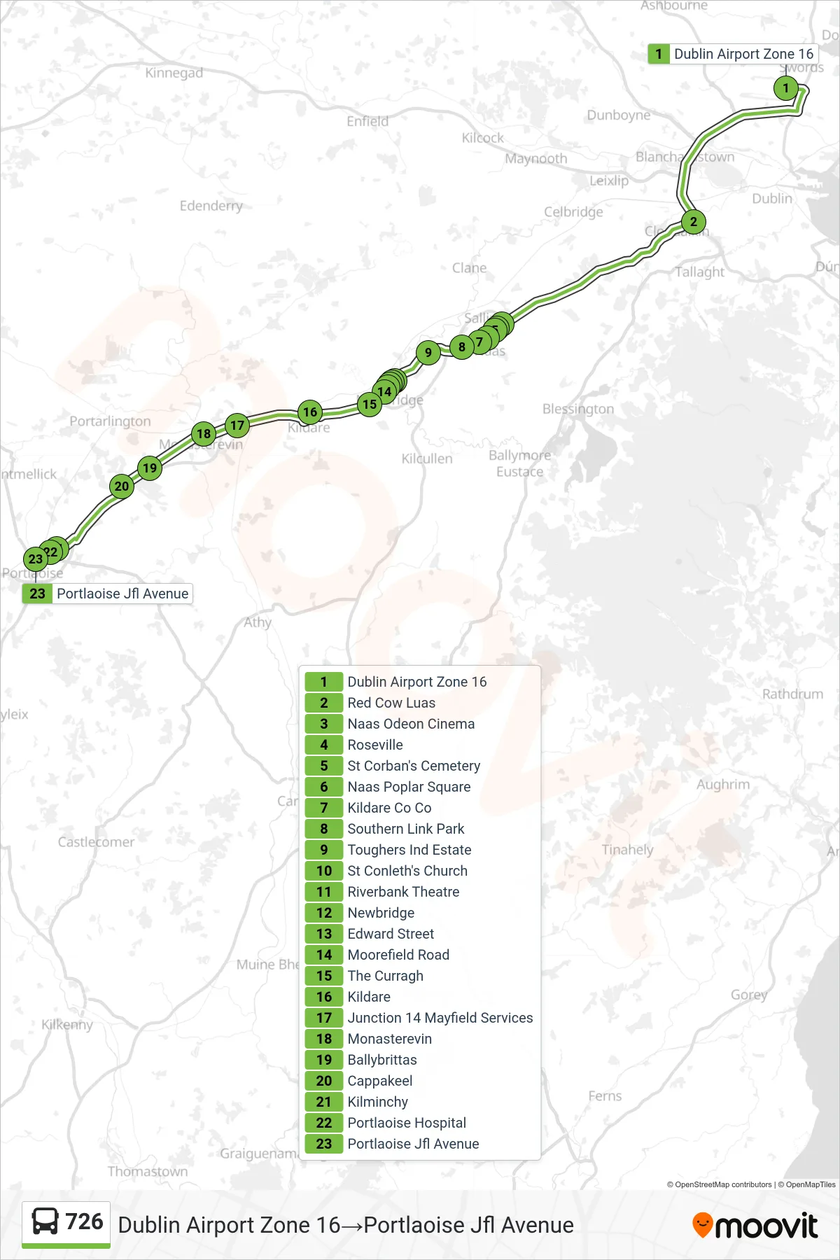 726 bus Line (Dublin Airport Zone 16‎→Portlaoise Jfl Avenue) route and stops on a map