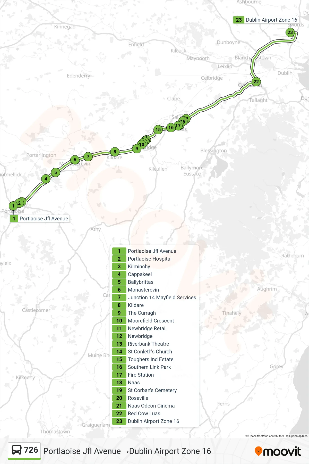 726 bus Line (Portlaoise Jfl Avenue→Dublin Airport Zone 16) route and stops on a map