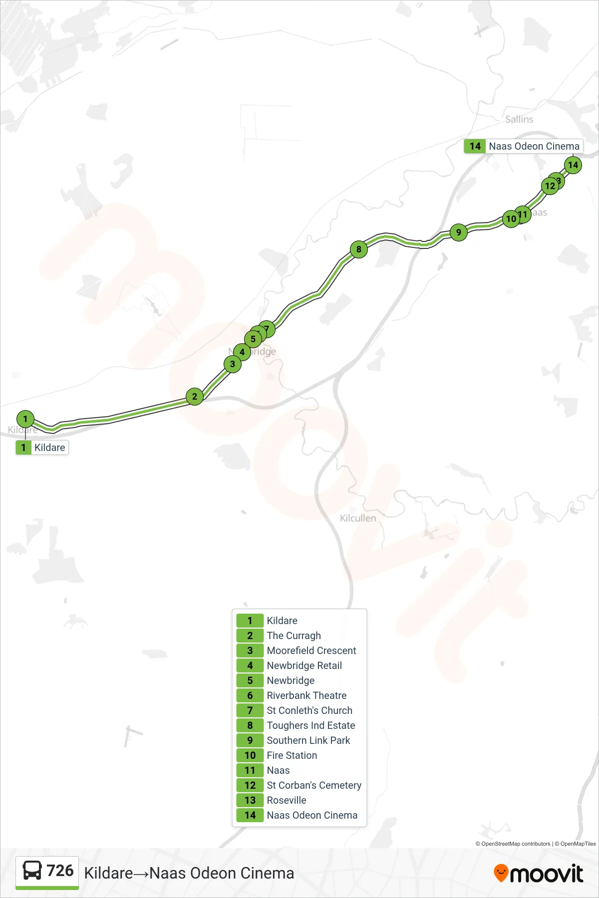 726 bus Line (Kildare‎→Naas Odeon Cinema) route and stops on a map