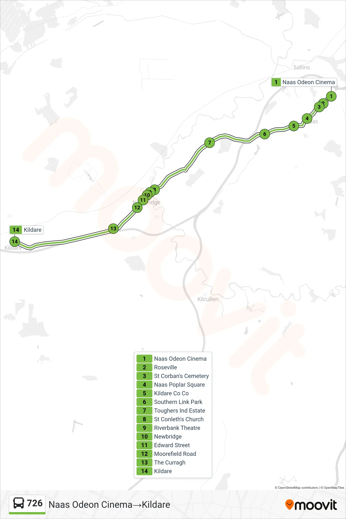 726 bus Line (Naas Odeon Cinema→Kildare) route and stops on a map