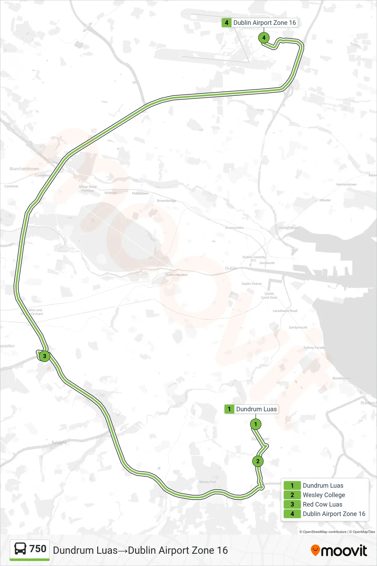 750 bus Line (Dundrum Luas→Dublin Airport Zone 16) route and stops on a map