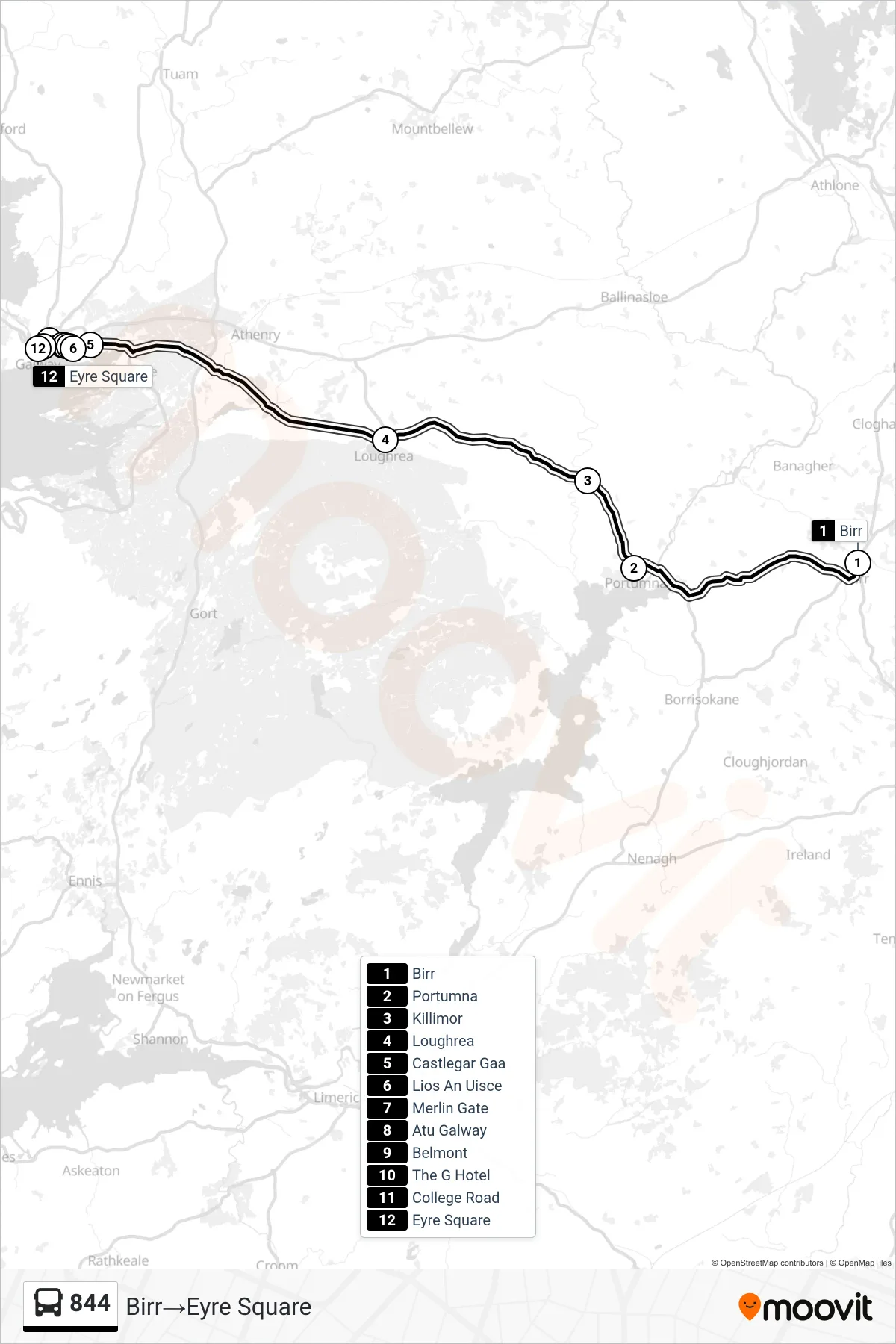 844 bus Line (Birr‎→Eyre Square) route and stops on a map