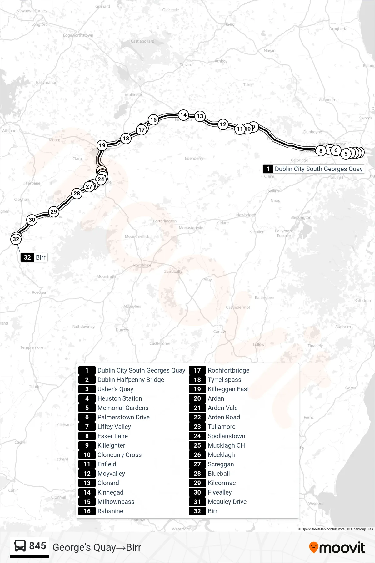 845 bus Line (George's Quay→Birr) route and stops on a map
